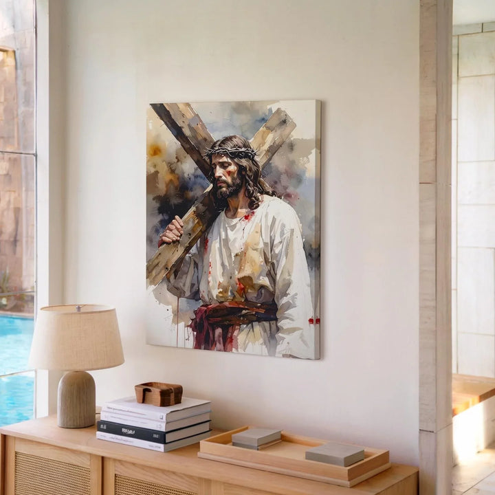 Jesus Carrying the Cross Canvas – Powerful Christian Wall Art of Sacrifice and Redemption - Gifitto