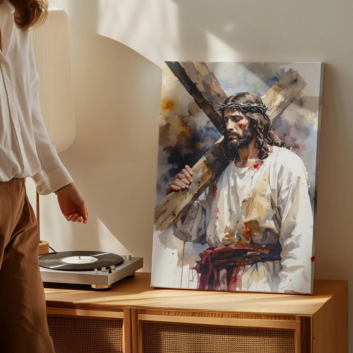 Jesus Carrying the Cross Canvas – Powerful Christian Wall Art of Sacrifice and Redemption - Gifitto