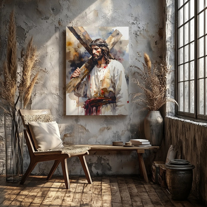 Jesus Carrying the Cross Canvas – Powerful Christian Wall Art of Sacrifice and Redemption - Gifitto