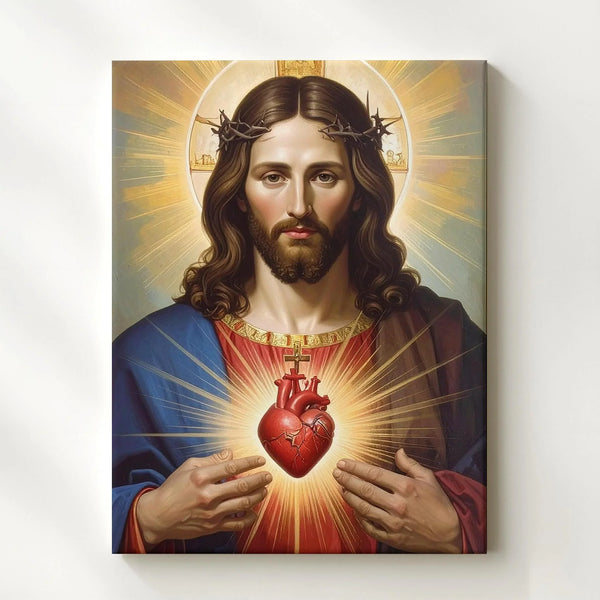 Sacred Heart of Jesus Canvas Wall Art – Traditional Catholic Icon with Radiant Divine Light - Gifitto
