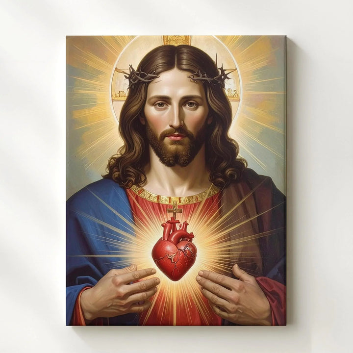 Sacred Heart of Jesus Canvas Wall Art – Traditional Catholic Icon with Radiant Divine Light - Gifitto