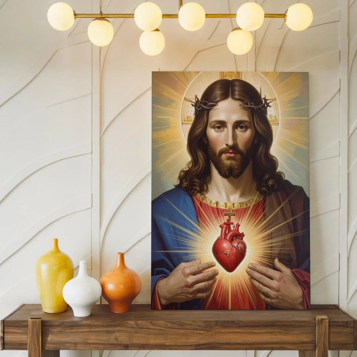 Sacred Heart of Jesus Canvas Wall Art – Traditional Catholic Icon with Radiant Divine Light - Gifitto
