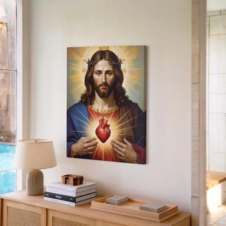Sacred Heart of Jesus Canvas Wall Art – Traditional Catholic Icon with Radiant Divine Light - Gifitto