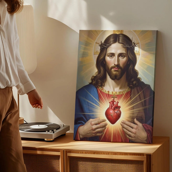 Sacred Heart of Jesus Canvas Wall Art – Traditional Catholic Icon with Radiant Divine Light - Gifitto