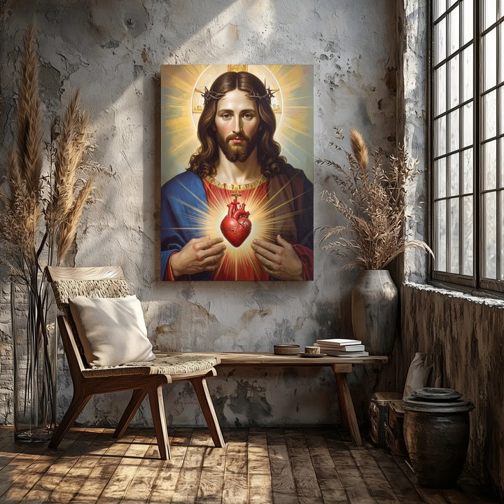 Sacred Heart of Jesus Canvas Wall Art – Traditional Catholic Icon with Radiant Divine Light - Gifitto