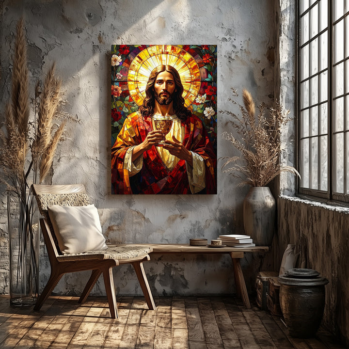 Stained Glass Jesus Eucharist Canvas – Glowing Christian Wall Art of Divine Presence and Sacred Devotion - Gifitto