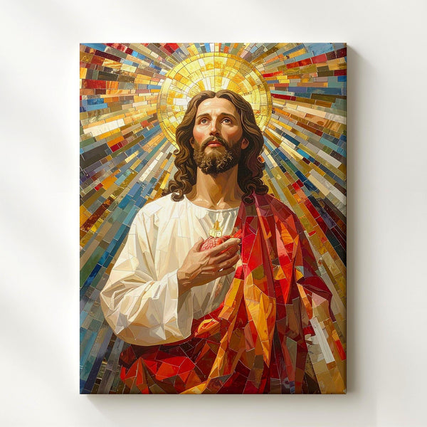 Mosaic Sacred Heart Jesus Canvas – Vibrant Christian Wall Art of Divine Radiance and Glory - Gifitto