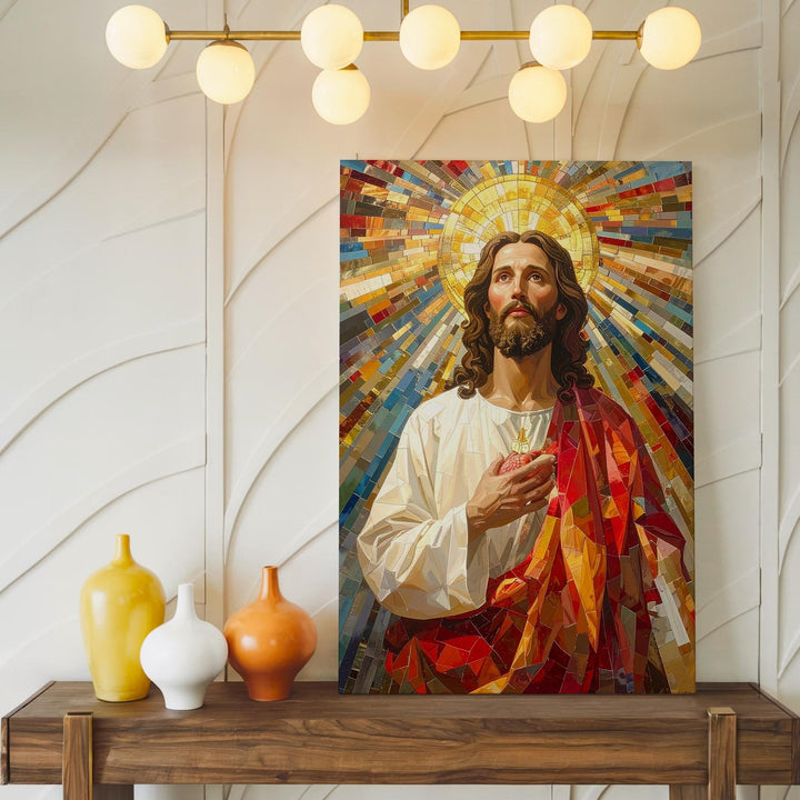 Mosaic Sacred Heart Jesus Canvas – Vibrant Christian Wall Art of Divine Radiance and Glory - Gifitto
