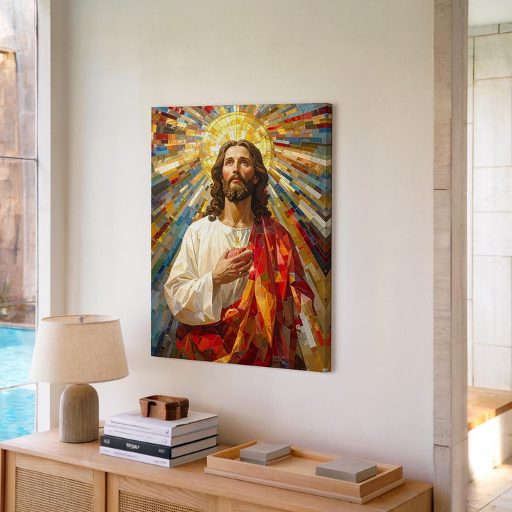 Mosaic Sacred Heart Jesus Canvas – Vibrant Christian Wall Art of Divine Radiance and Glory - Gifitto