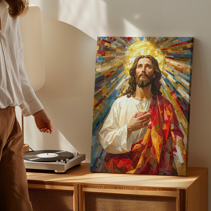 Mosaic Sacred Heart Jesus Canvas – Vibrant Christian Wall Art of Divine Radiance and Glory - Gifitto