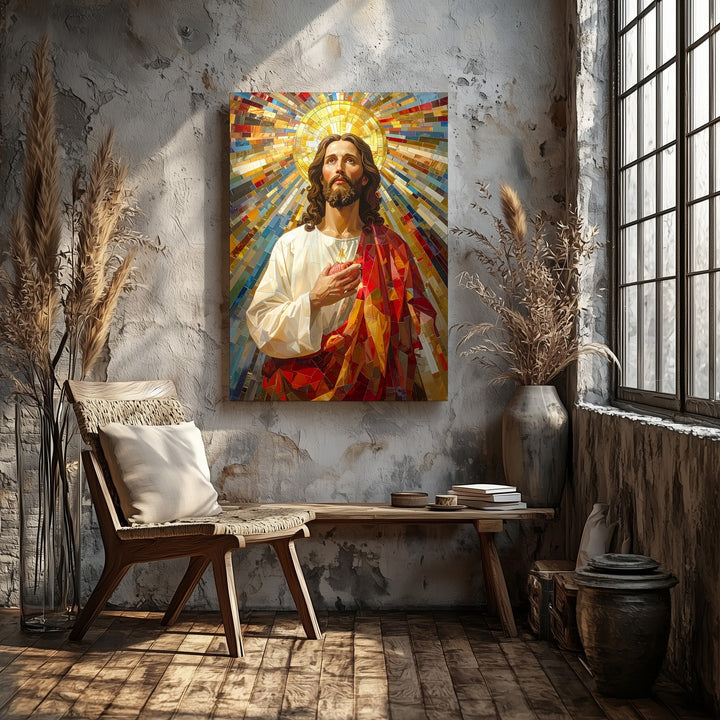 Mosaic Sacred Heart Jesus Canvas – Vibrant Christian Wall Art of Divine Radiance and Glory - Gifitto