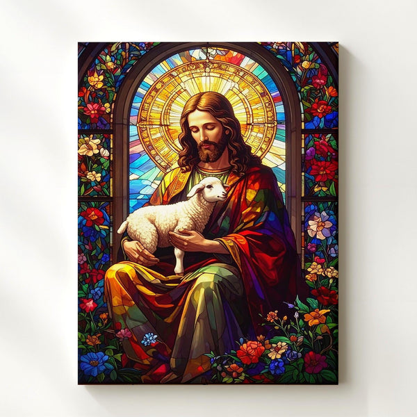 Stained Glass Jesus with Lamb Canvas – Christian Wall Art of the Good Shepherd and Divine Compassion - Gifitto