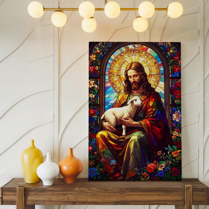 Stained Glass Jesus with Lamb Canvas – Christian Wall Art of the Good Shepherd and Divine Compassion - Gifitto
