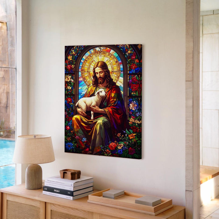 Stained Glass Jesus with Lamb Canvas – Christian Wall Art of the Good Shepherd and Divine Compassion - Gifitto
