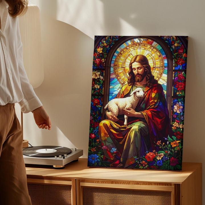 Stained Glass Jesus with Lamb Canvas – Christian Wall Art of the Good Shepherd and Divine Compassion - Gifitto
