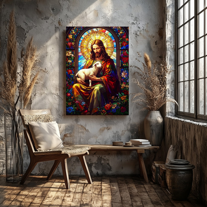 Stained Glass Jesus with Lamb Canvas – Christian Wall Art of the Good Shepherd and Divine Compassion - Gifitto