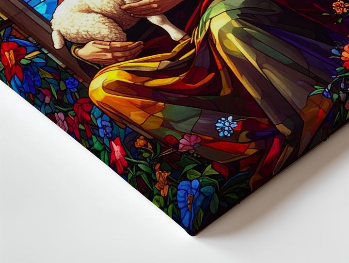 Stained Glass Jesus with Lamb Canvas – Christian Wall Art of the Good Shepherd and Divine Compassion - Gifitto