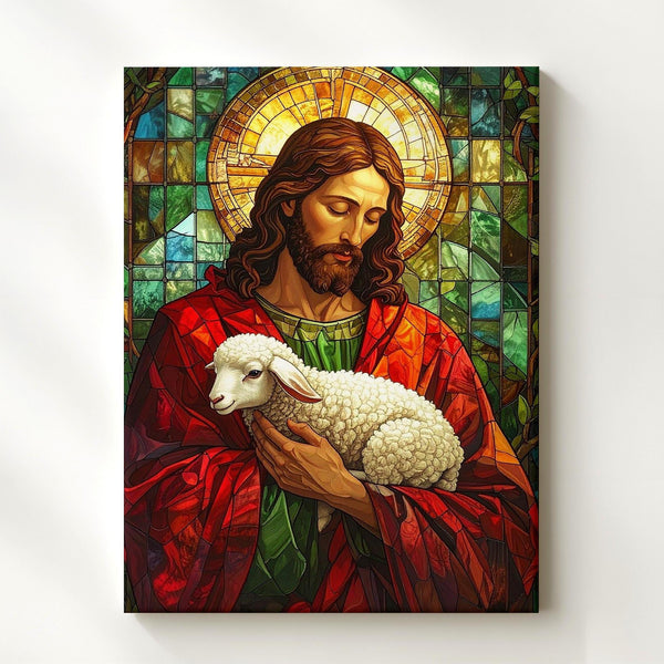Stained Glass Jesus with Lamb Canvas – Vibrant Christian Wall Art of the Good Shepherd and Divine Protection - Gifitto