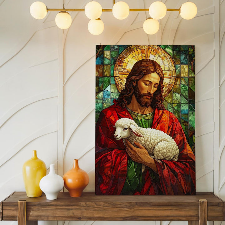 Stained Glass Jesus with Lamb Canvas – Vibrant Christian Wall Art of the Good Shepherd and Divine Protection - Gifitto