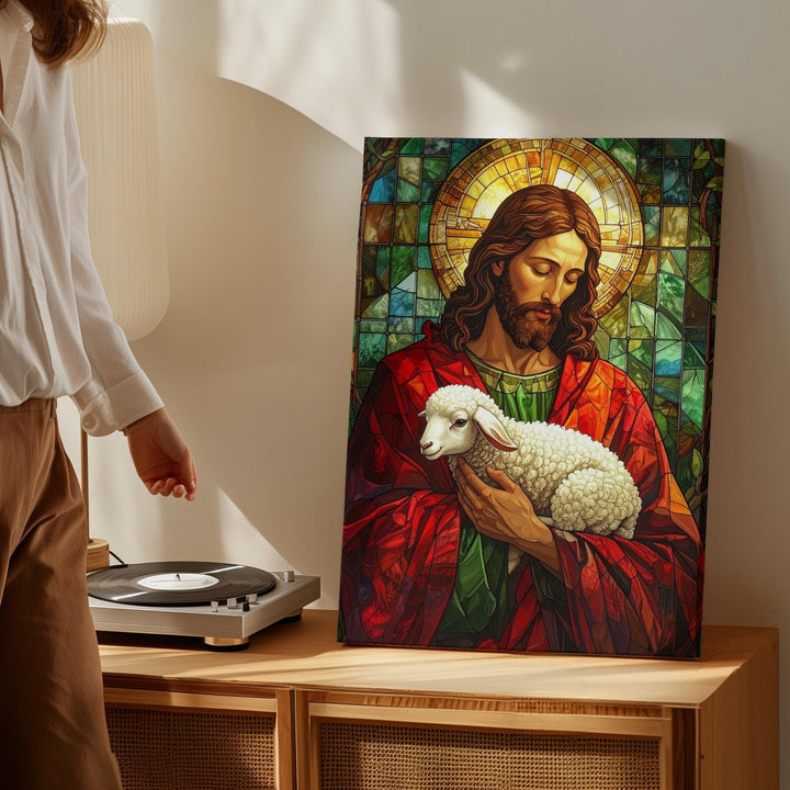Stained Glass Jesus with Lamb Canvas – Vibrant Christian Wall Art of the Good Shepherd and Divine Protection - Gifitto