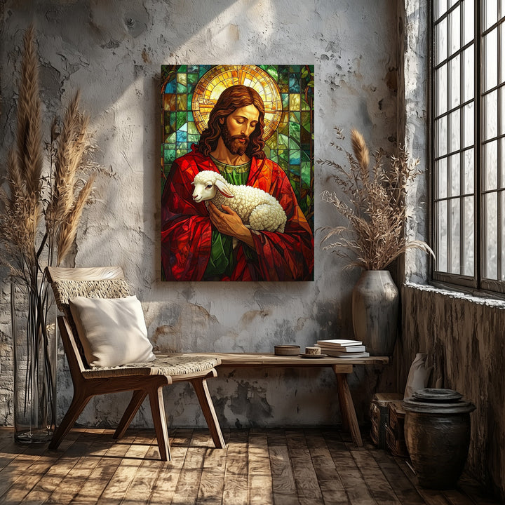 Stained Glass Jesus with Lamb Canvas – Vibrant Christian Wall Art of the Good Shepherd and Divine Protection - Gifitto
