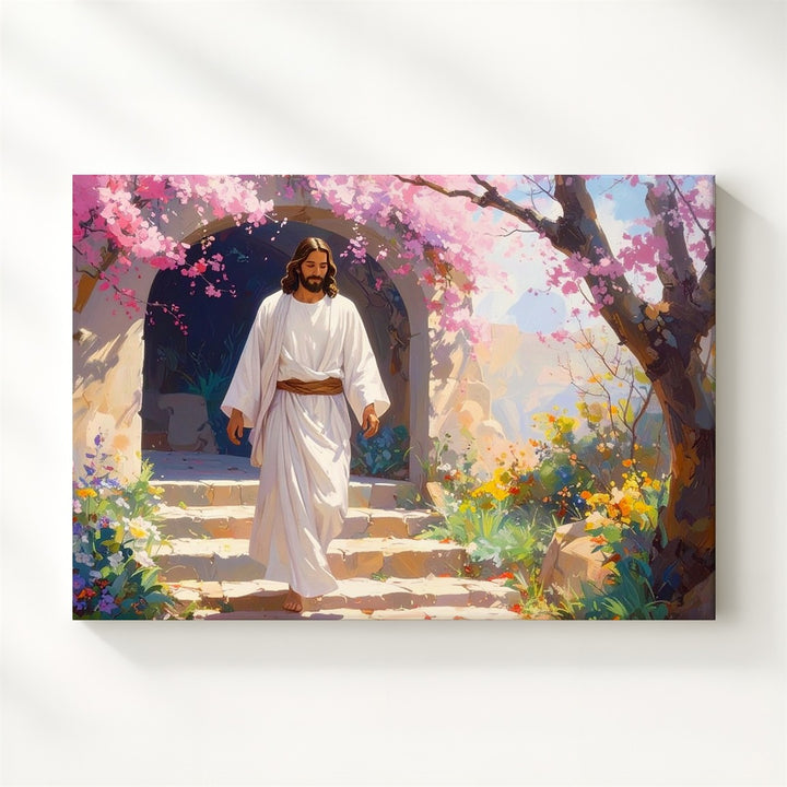 Garden Path of Grace Canvas – Jesus Walking Amidst Blossoming Spring Trees - Gifitto