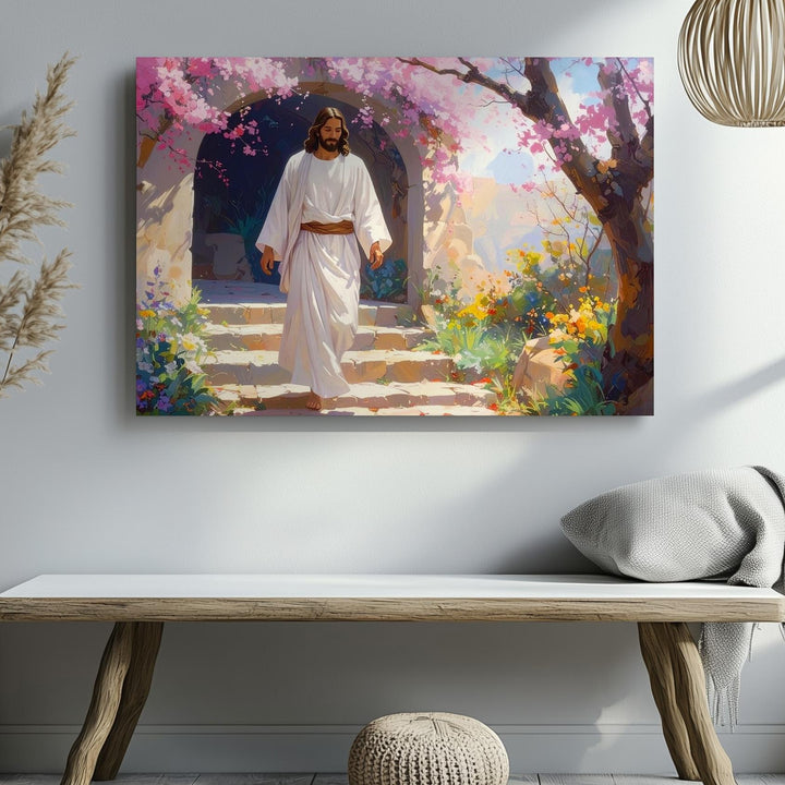 Garden Path of Grace Canvas – Jesus Walking Amidst Blossoming Spring Trees - Gifitto