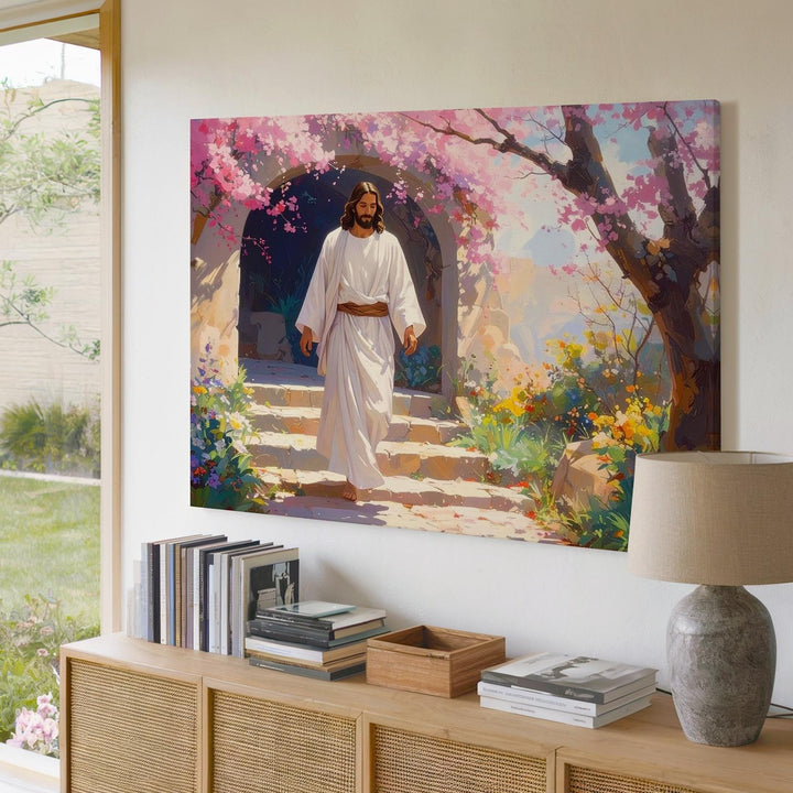 Garden Path of Grace Canvas – Jesus Walking Amidst Blossoming Spring Trees - Gifitto