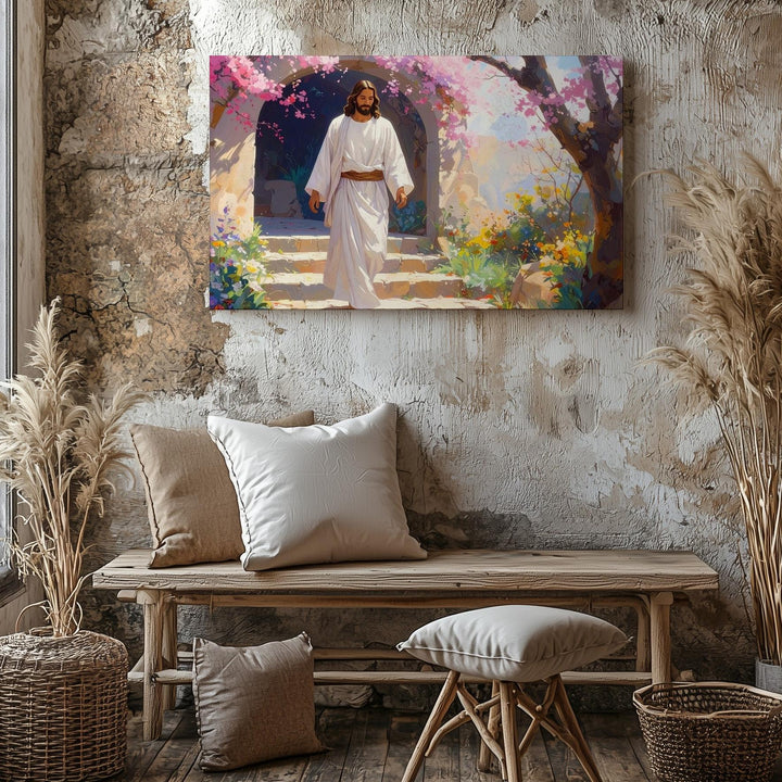 Garden Path of Grace Canvas – Jesus Walking Amidst Blossoming Spring Trees - Gifitto