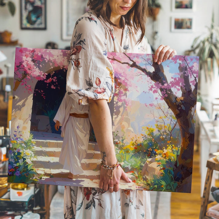 Garden Path of Grace Canvas – Jesus Walking Amidst Blossoming Spring Trees - Gifitto