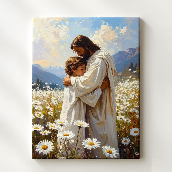 Jesus Embracing Child in Daisy Field Canvas – Peaceful Christian Wall Art of Divine Care and Innocence - Gifitto