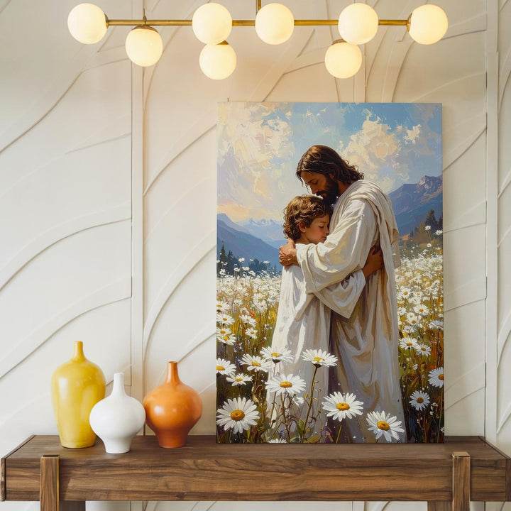 Jesus Embracing Child in Daisy Field Canvas – Peaceful Christian Wall Art of Divine Care and Innocence - Gifitto