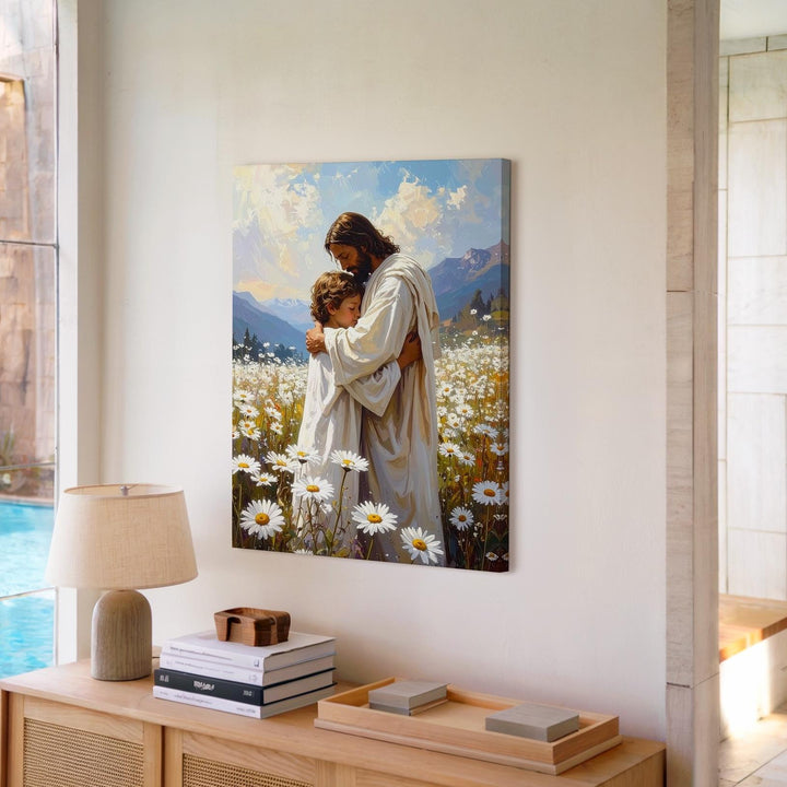 Jesus Embracing Child in Daisy Field Canvas – Peaceful Christian Wall Art of Divine Care and Innocence - Gifitto