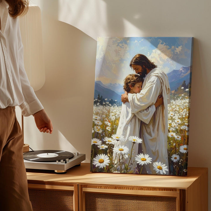 Jesus Embracing Child in Daisy Field Canvas – Peaceful Christian Wall Art of Divine Care and Innocence - Gifitto