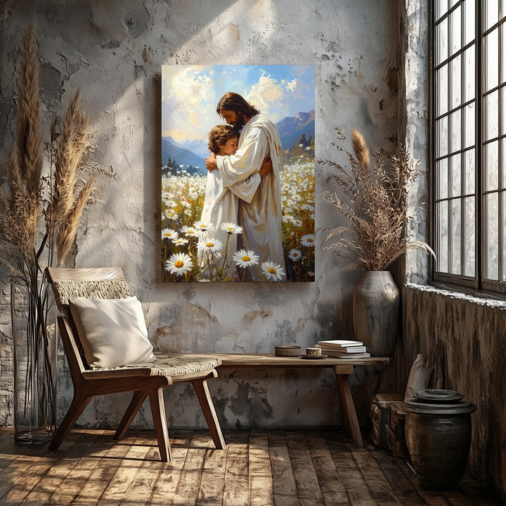 Jesus Embracing Child in Daisy Field Canvas – Peaceful Christian Wall Art of Divine Care and Innocence - Gifitto