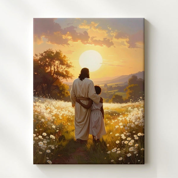 Jesus Embracing Child in Golden Field Canvas – Serene Christian Wall Art of Divine Love and Protection - Gifitto