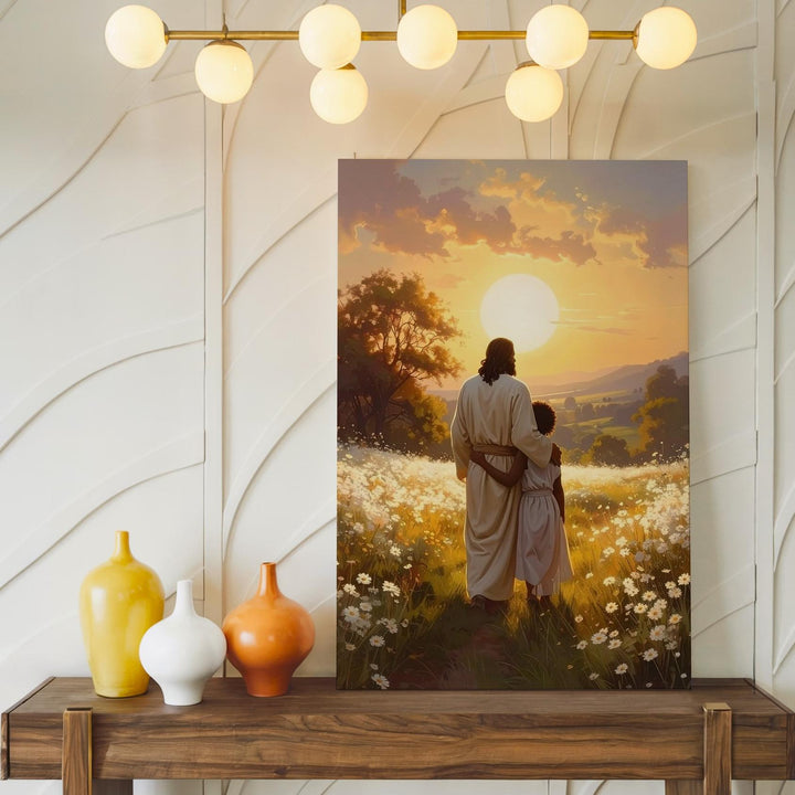 Jesus Embracing Child in Golden Field Canvas – Serene Christian Wall Art of Divine Love and Protection - Gifitto