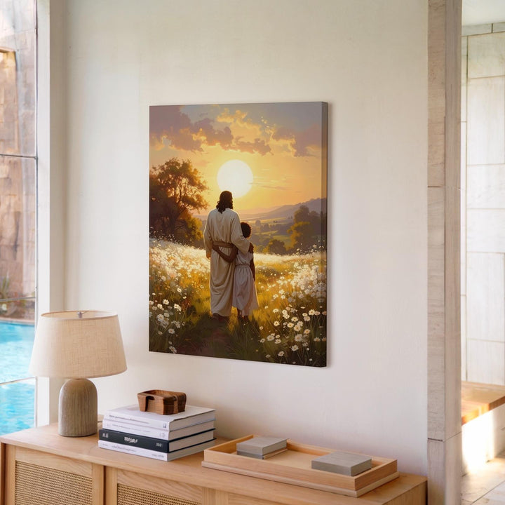 Jesus Embracing Child in Golden Field Canvas – Serene Christian Wall Art of Divine Love and Protection - Gifitto