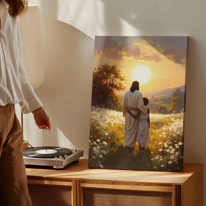 Jesus Embracing Child in Golden Field Canvas – Serene Christian Wall Art of Divine Love and Protection - Gifitto