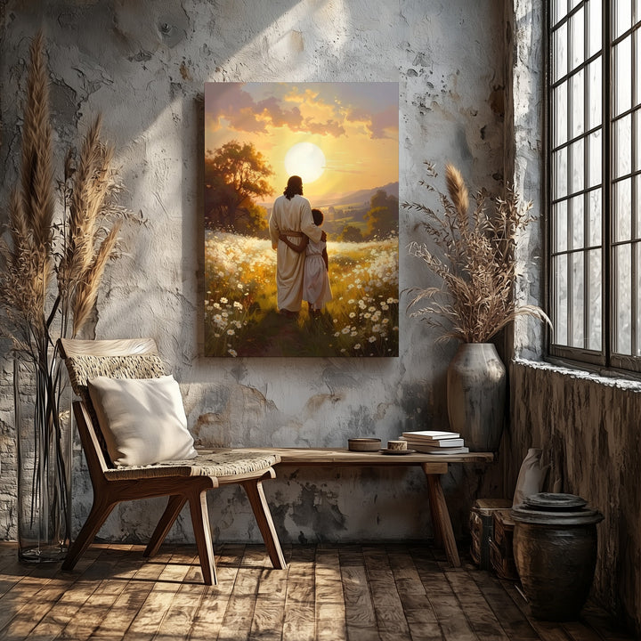 Jesus Embracing Child in Golden Field Canvas – Serene Christian Wall Art of Divine Love and Protection - Gifitto