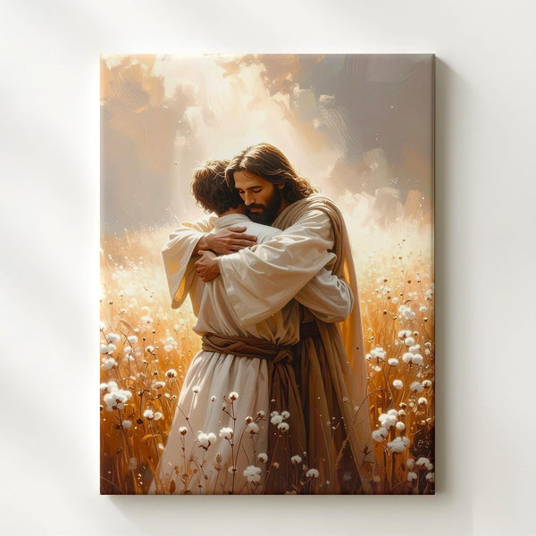 Jesus Embracing Man Canvas – Spiritual Christian Wall Art of Forgiveness, Reunion, and Divine Grace - Gifitto