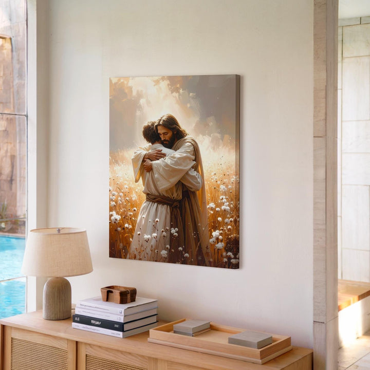 Jesus Embracing Man Canvas – Spiritual Christian Wall Art of Forgiveness, Reunion, and Divine Grace - Gifitto