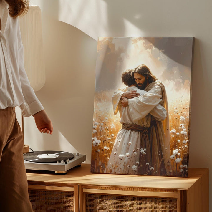 Jesus Embracing Man Canvas – Spiritual Christian Wall Art of Forgiveness, Reunion, and Divine Grace - Gifitto