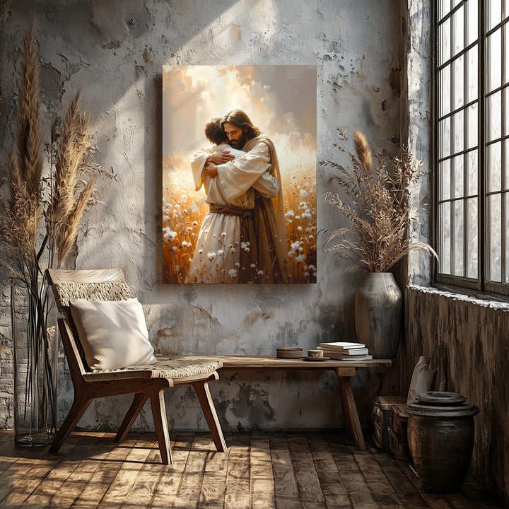 Jesus Embracing Man Canvas – Spiritual Christian Wall Art of Forgiveness, Reunion, and Divine Grace - Gifitto