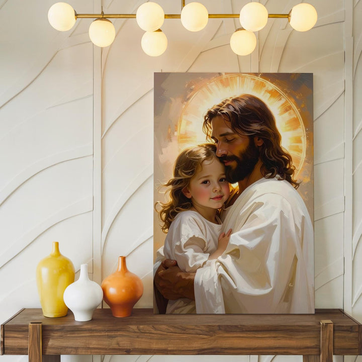 Jesus Giving Piggyback Ride Canvas – Joyful Christian Wall Art of Divine Care and Innocence - Gifitto