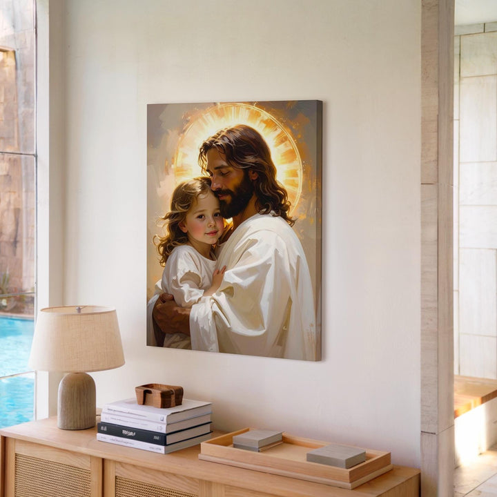 Jesus Giving Piggyback Ride Canvas – Joyful Christian Wall Art of Divine Care and Innocence - Gifitto