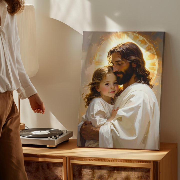 Jesus Giving Piggyback Ride Canvas – Joyful Christian Wall Art of Divine Care and Innocence - Gifitto