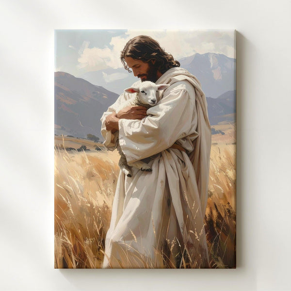 Jesus Holding Lamb Canvas – Gentle Christian Wall Art of the Good Shepherd and Divine Care - Gifitto