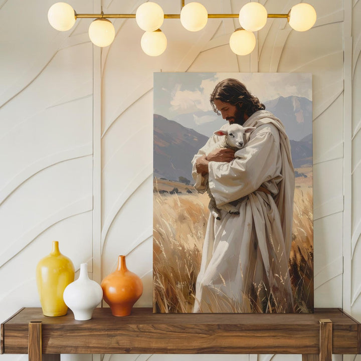 Jesus Holding Lamb Canvas – Gentle Christian Wall Art of the Good Shepherd and Divine Care - Gifitto