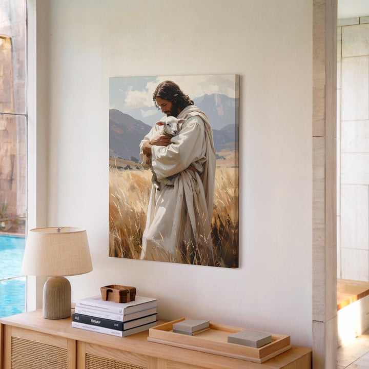 Jesus Holding Lamb Canvas – Gentle Christian Wall Art of the Good Shepherd and Divine Care - Gifitto